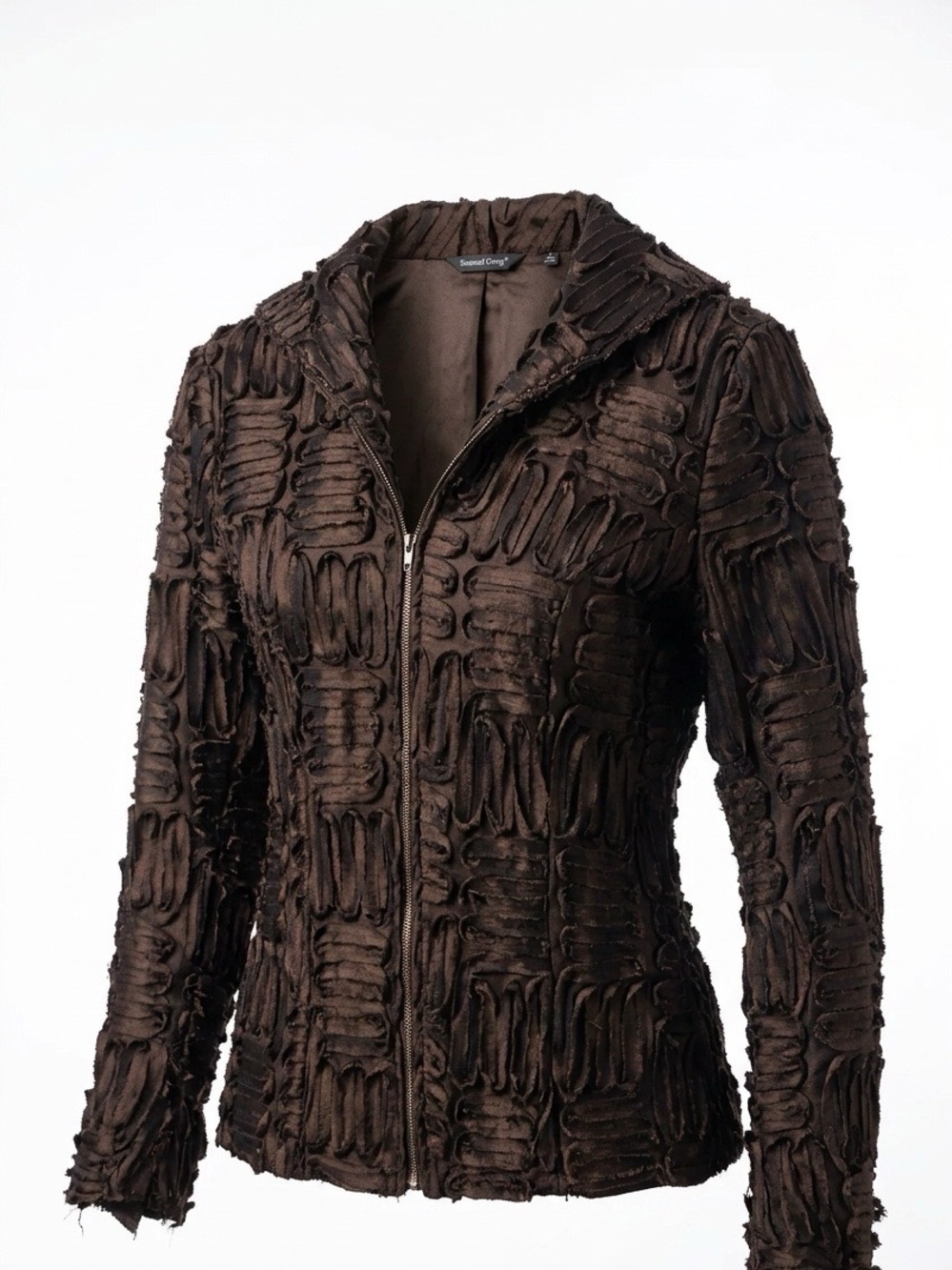 Elegant Samuel Dong Raw Ribbon Textured Zippered Brown Jacket - Women’s